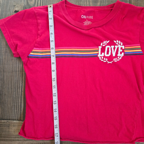 On Fire Womens Love Crop Top T Shirt Large Rainbow Stripe Graphic Pride Baby Tee - Picture 4 of 5